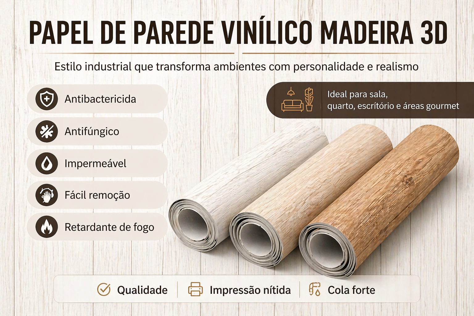 Papel de Parede Adesivo Vinilico Lavável Madeira varios modelos Quarto,Sala, Cozinha,Banheiro MT2