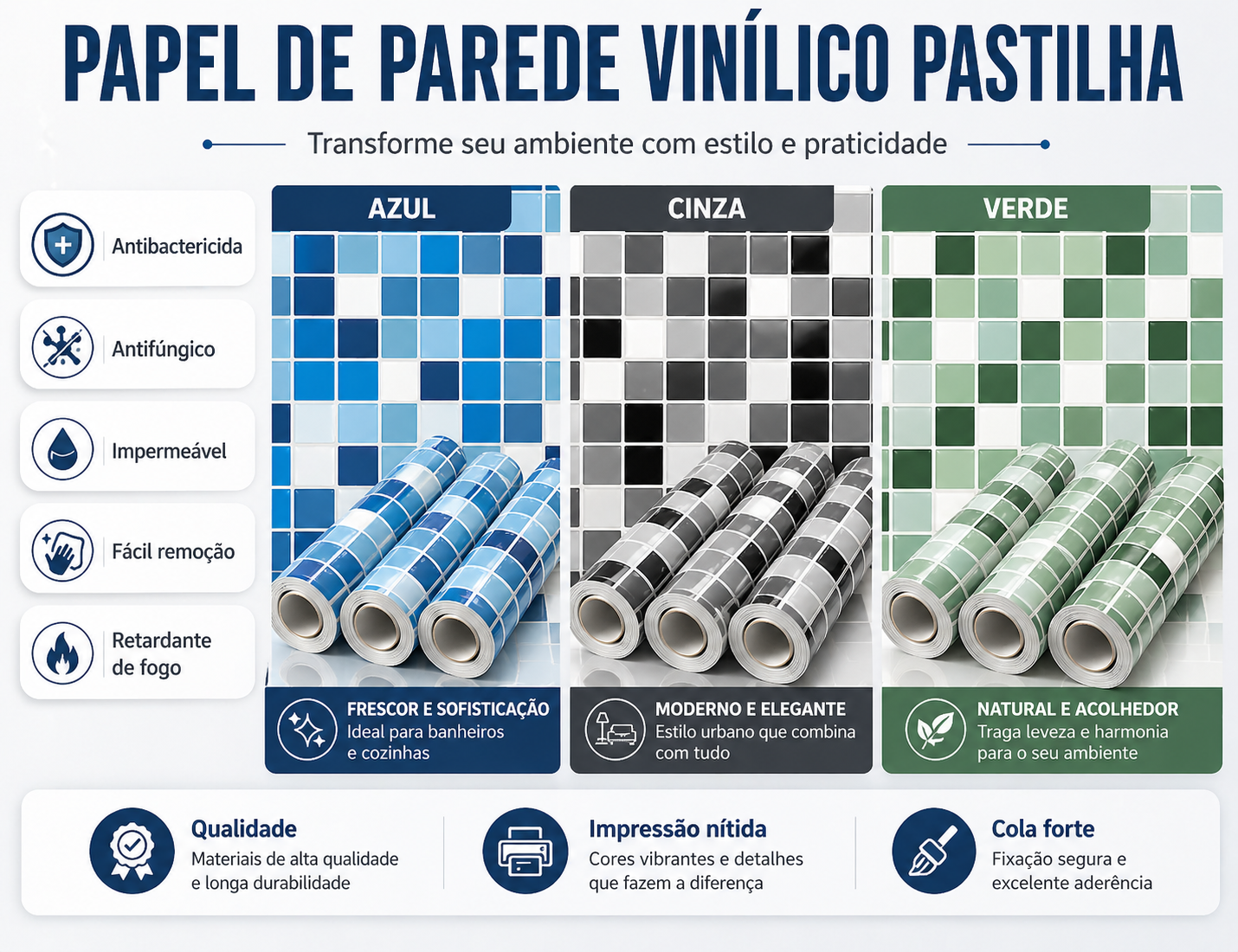 Papel de Parede Adesivo Vinilico Lavável pastilhas  Quarto,Sala, Cozinha,Banheiro