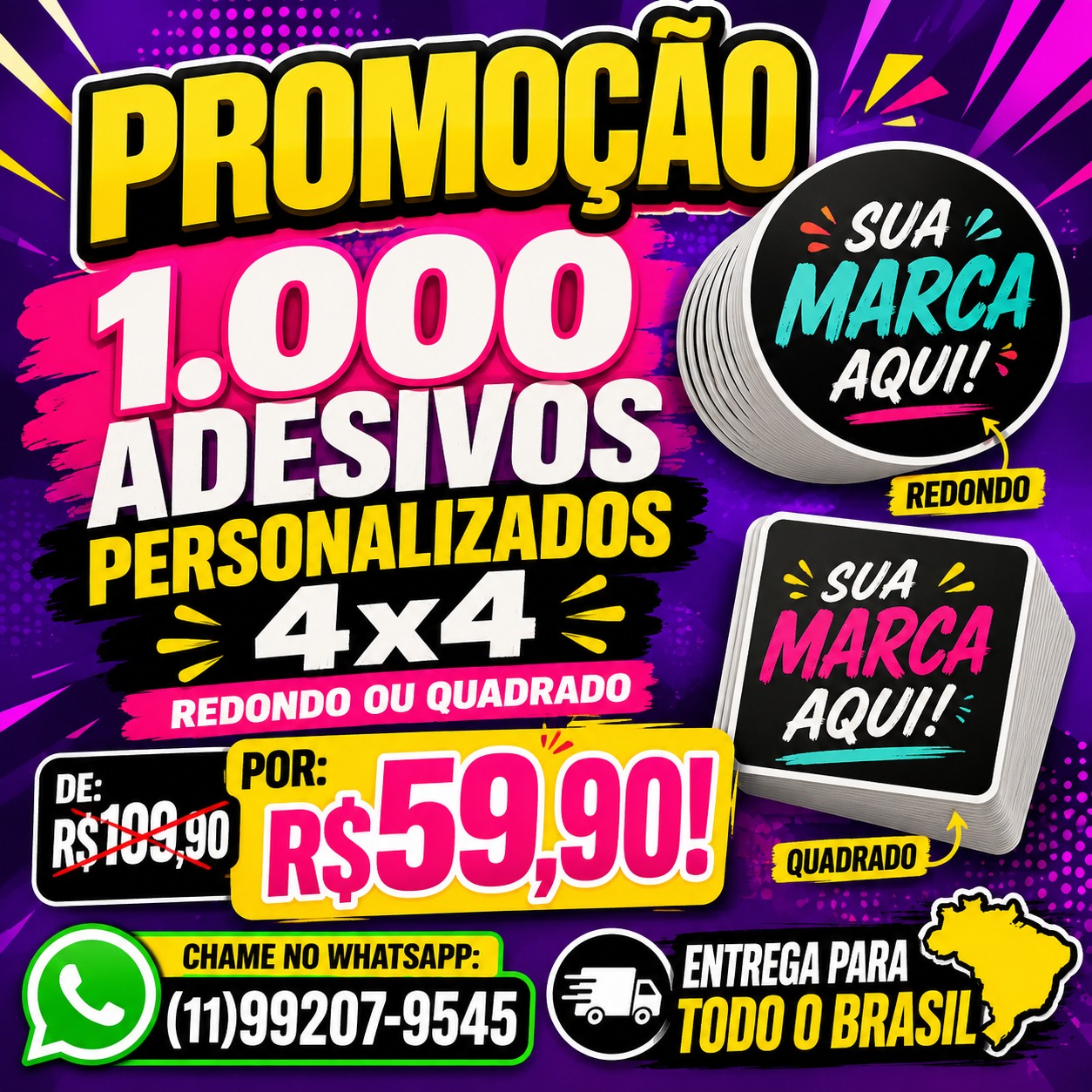 ADESIVO PERSONALIZADO 4x4 CM | RECORTE ELETRÔNICO | IMPERMEÁVEL | LOGO DA SUA MARCA